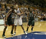 Birttany Denson, Abby Waner, and Latoya Cunningham are prepared should a Duke free throw miss.