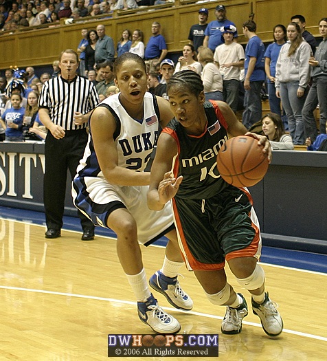 Maurita Reid attempts to drive around Wanisha Smith...
