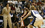 Katie Meier looks on as Brittany Mitch guards Maurita Reid