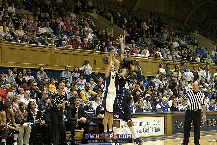 Game high scorer Abby Waner (27) drains the first of her career best 7 three pointers, erasing Duke's only deficit of the game.