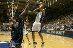 Lindsey Harding goes up for a jumper, starting a sequence of 4 consecutive Blue Devil offensive rebounds