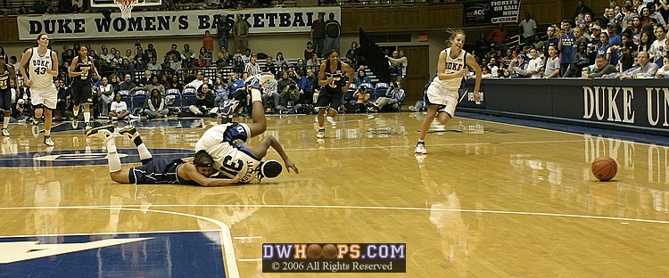 Jill Ingram and Keturah Jackson collide, resulting in both players being shaken up and a Duke turnover