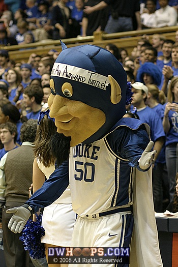 The 
Blue Devil's headband mocks the Maryland mascot