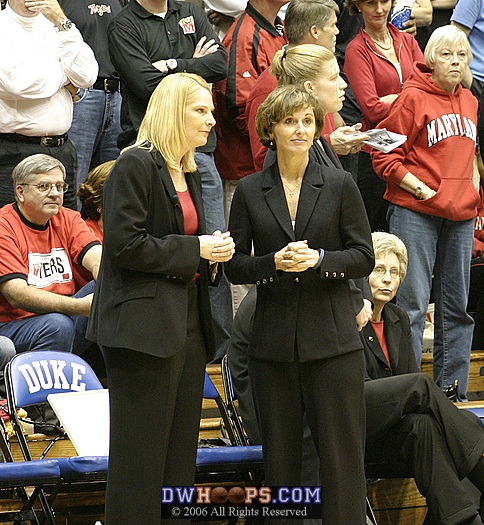 Maryland Head Coach Brenda Frese and Duke Head Coach Gail Goestenkors chat during pregame warmups.