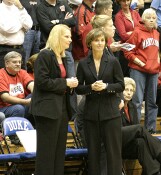 Maryland Head Coach Brenda Frese and Duke Head Coach Gail Goestenkors chat during pregame warmups.