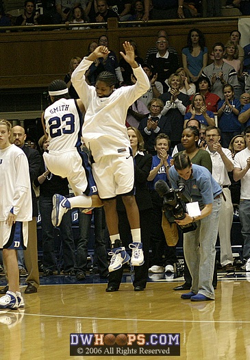 Wanisha Smith and Keturah Jackson bump hips during Duke player intros