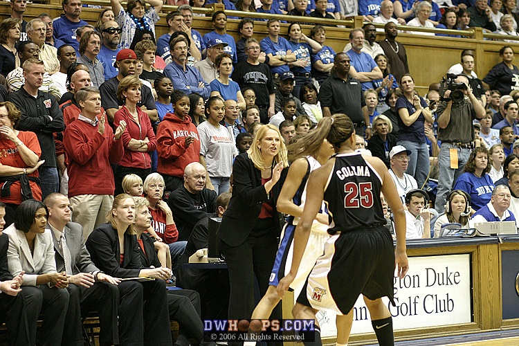 Coach Frese encourages her defense during a Duke run
