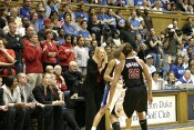 Coach Frese encourages her defense during a Duke run