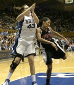 Alison Bales and Laura Harper collide in the lane