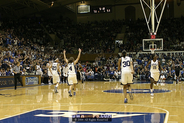 After Lindsey Harding's final basket puts Duke up by 20, Abby Waner asks the Cameron crowd for more.