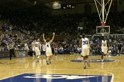 After Lindsey Harding's final basket puts Duke up by 20, Abby Waner asks the Cameron crowd for more.