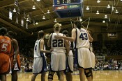 Duke huddles before Mitch attempts to convert the three-point play