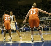 Carrem Gay looks to pass, as the Duke Pep Band exhorts Eleanor Brenthall to "tuck your tag in"