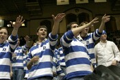 Duke Pep Band members work the VPI bench at the close of a 30 second time out