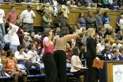 Virginia Tech bench insists an out-of-bounds call is wrong.  They were right, it was changed.