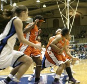 ...but it doesn't drop.  Clemson frosh Lele Hardy gets the board.