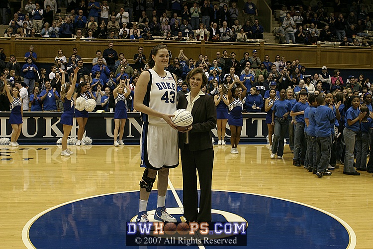 Alison Bales is awarded a ball for breaking the ACC career shot blocking mark.