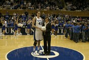 Alison Bales is awarded a ball for breaking the ACC career shot blocking mark.