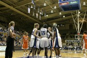 The "blue team" confers before a Clemson free throw
