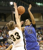 Corinne Groves and Joy Cheek battle for the ball.  Both had outstanding games - a double-double for Groves, and 13 and 6 for Cheek in just 16 minutes.