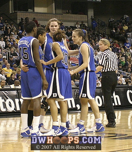 Duke huddles before two Wanisha Smith free throws.