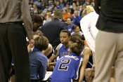 Carrem Gay was chastised during this Duke full time out, as Coach G was very displeased with Duke's offense.