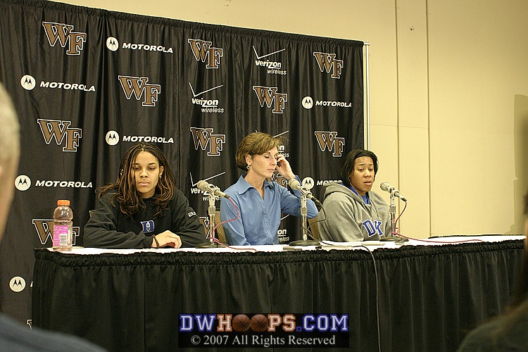 Lindsey Harding, Coach Goestenkors, and Joy Cheek in Duke's post game press conference