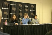 Lindsey Harding, Coach Goestenkors, and Joy Cheek in Duke's post game press conference