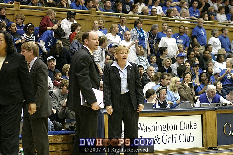 Coach Hatchell is not pleased by a foul call on LaToya Pringle