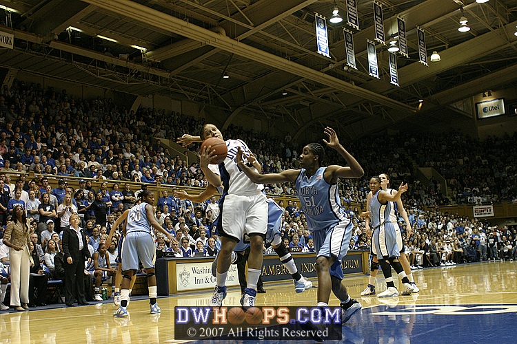 Wanisha Smith, midair.  I think Breland knocked it out to Duke.
