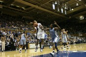 1st half - Wanisha Smith, midair.  I think Breland knocked it out to Duke.