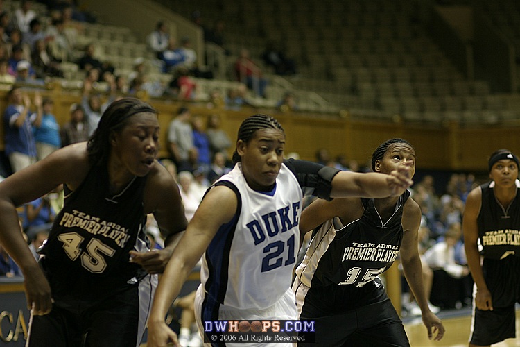 Joy Cheek explodes off the blocks on a Duke free throw attempt