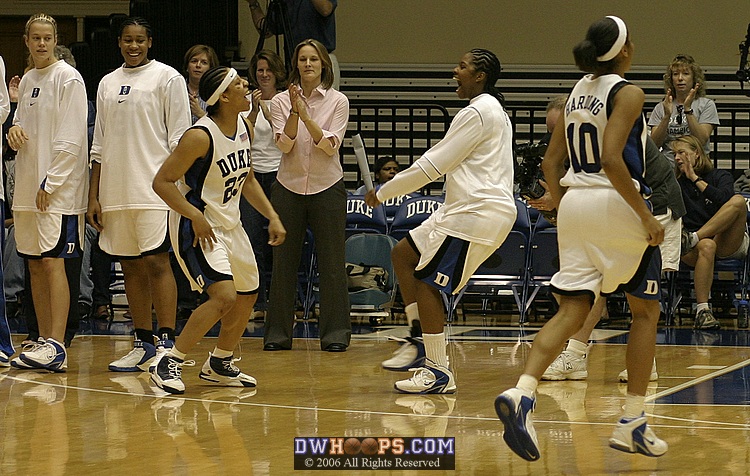 Wanisha Smith (left) and Keturah Jackson during Duke player introductions