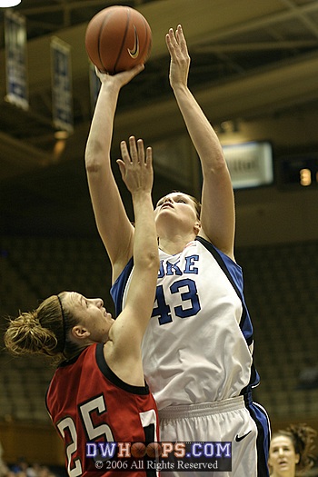 Alison Bales uses an 8" height advantage to shoot over Stefanie Hodell
