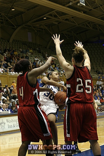 Carrem Gay is well guarded by Kendra Walton (4) and Stefanie Hodell