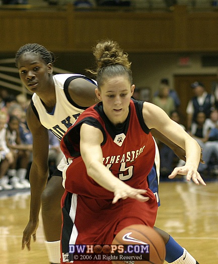 NU's Lucia Pablos chases a loose ball as Duke's Bridgett Mitchell looks on