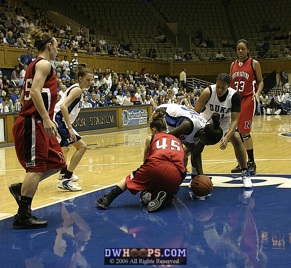 Duke's Bridgette Mitchell and NU's Lucia Pablos battle for a loose ball in the lane