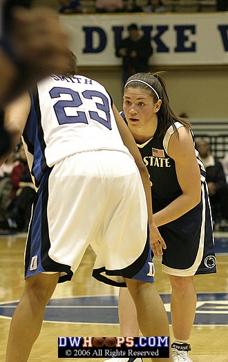 Brianne O'Rourke surveys the court, guarded by Wanisha Smith