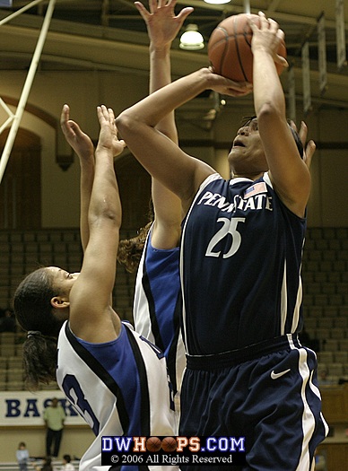 Penn State's Kamela Gissendanner shoots over Wanisha Smith.  Gissendanner, a PA native, played 1 year at NC State before transferring to Penn State.