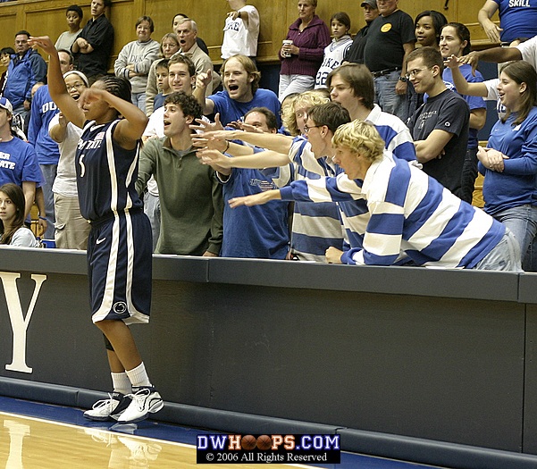 Spirited members of the Duke Pep Band harrass Penn State's Mashea Williams