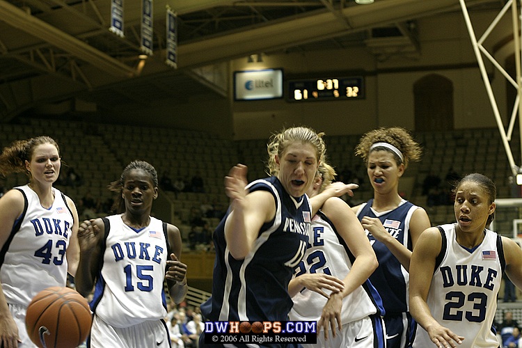 Penn State's Amanda Brown (center) can't save this one from going out of bounds