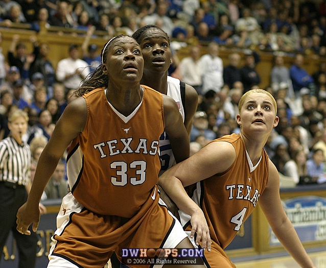 Tiffany Jackson (left), Bridgette Mitchell, and Erika Arrarian await a Duke free throw attempt (1 of 2)