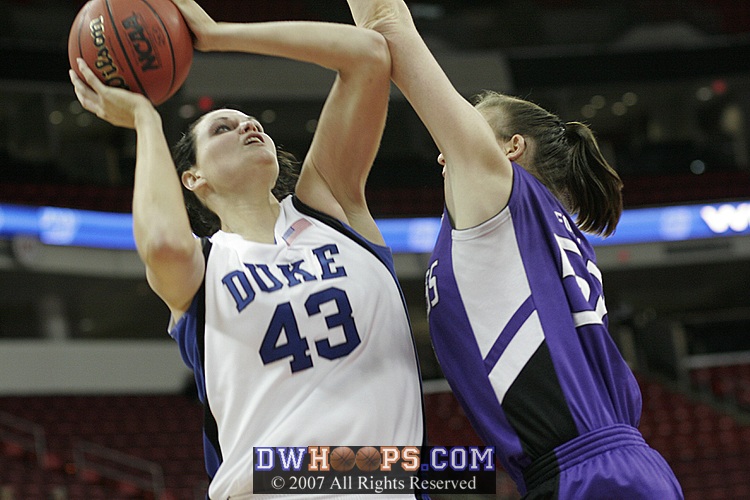 On Duke's opening possession, Alison Bales is fouled by Kaitlin Foley