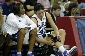  - Alison Bales adjusts her knee brace on the Duke bench