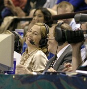  - ESPN's Doris Burke shares a light moment with Mike Patrick during a break