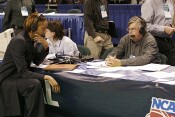  - Glum faces on press row as Coach Jackson and Steve Barnes do the last postgame show of the year