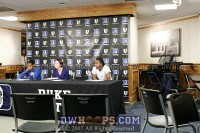  - Joy Cheek, Coach P, and Chante Black in the media room postgame
