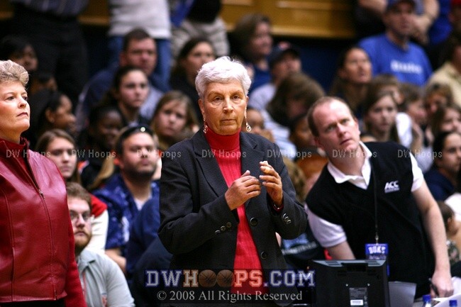 NC State Head Coach Kay Yow tries to stop Duke's run with a timeout