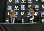  - Women's Basketball SID Lindy Brown introduces the panel of Coach Joanne P. McCallie and Athletics Director Joe Alleva
