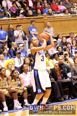 Shay Selby launches her only shot of the day, a missed three -  - D3;1, 4:31, 23-11